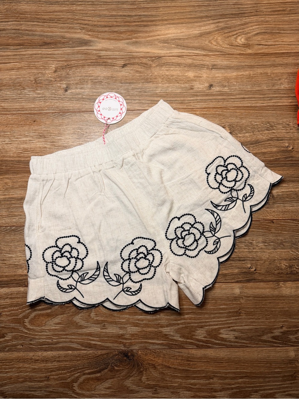 Umgee Cream Shorts with Black Floral Embroidery